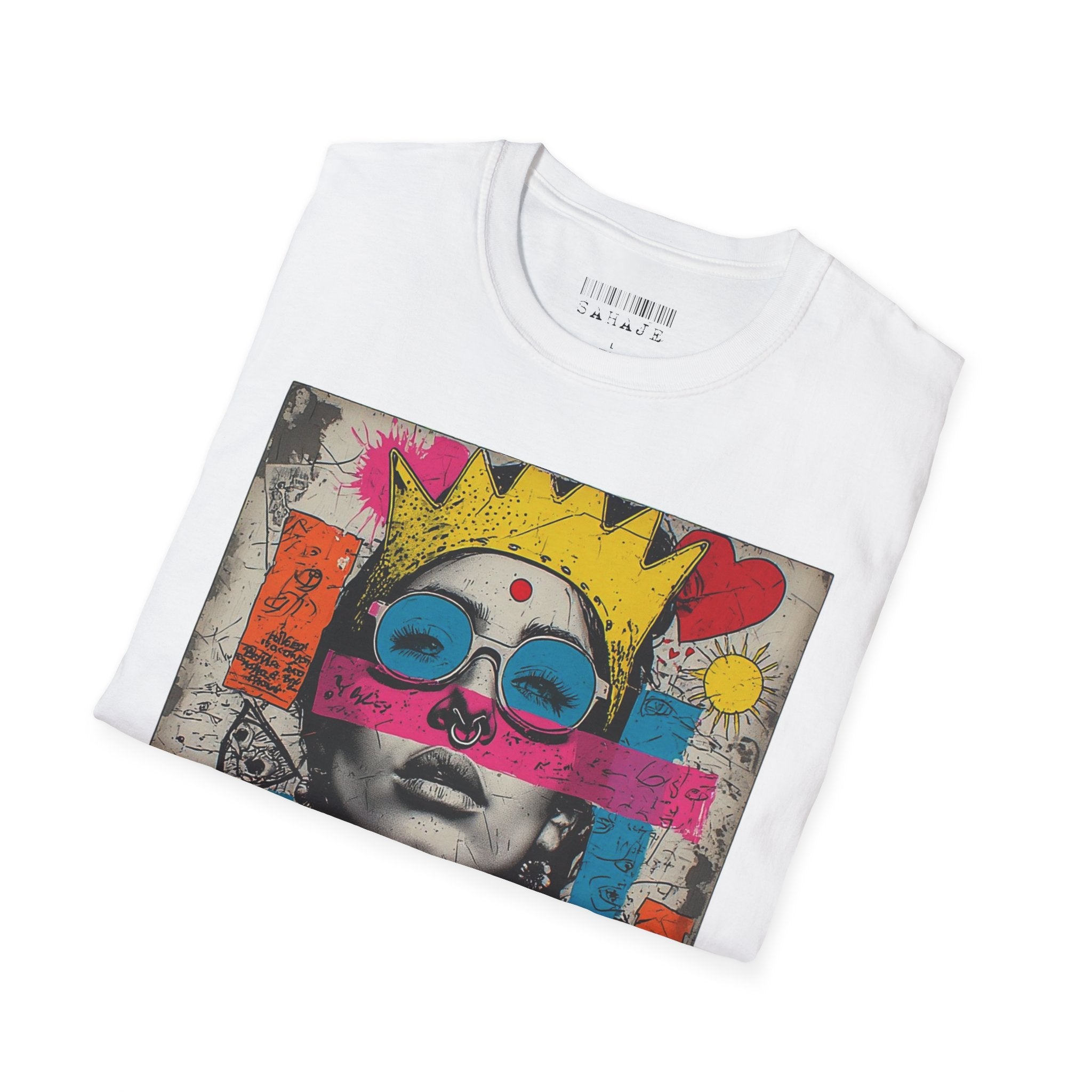 Abstract Pop Art Portrait T-Shirt — Neon Crown & Sunglasses Graphic