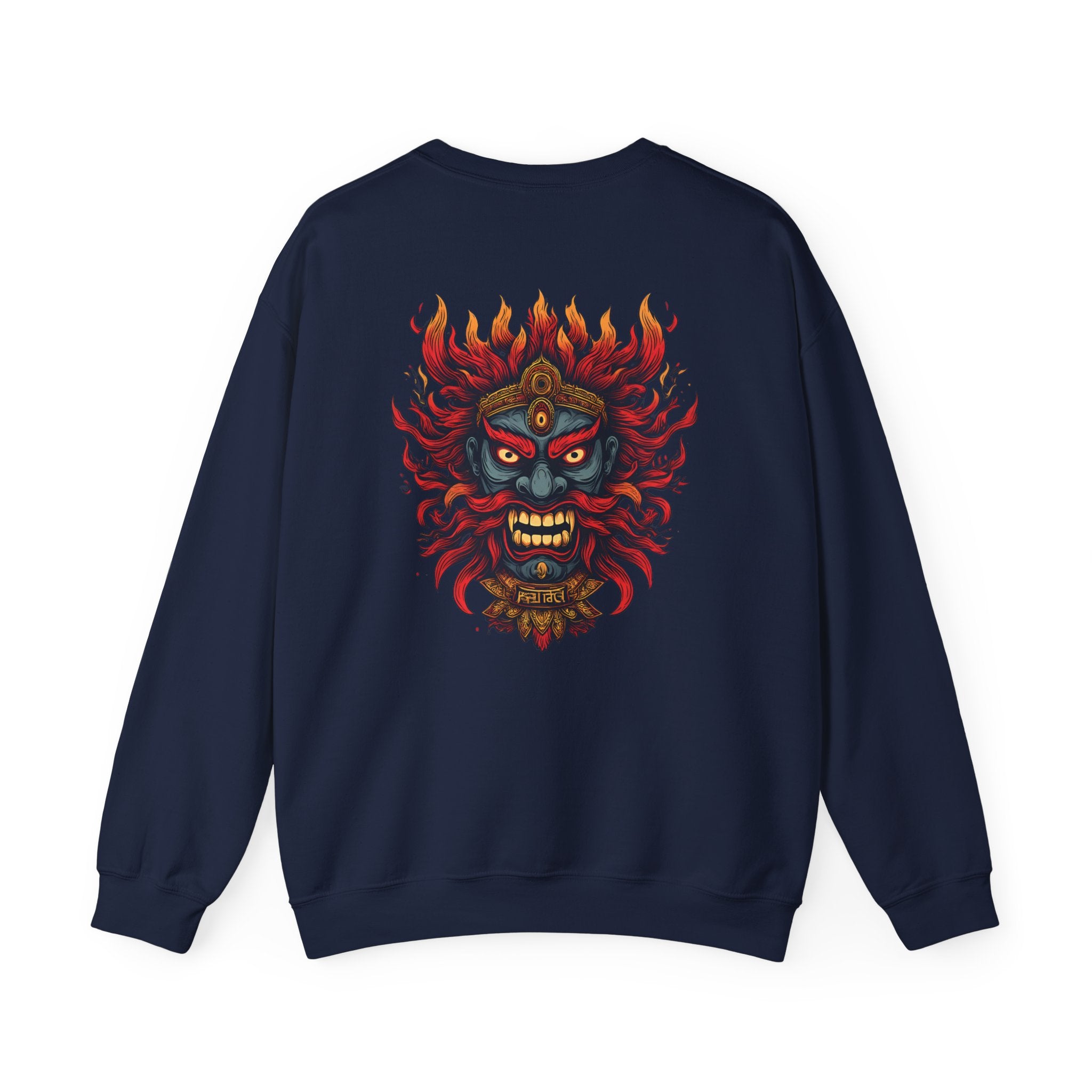 Crewneck Sweatshirt — Fiery Demon Mask Back Graphic