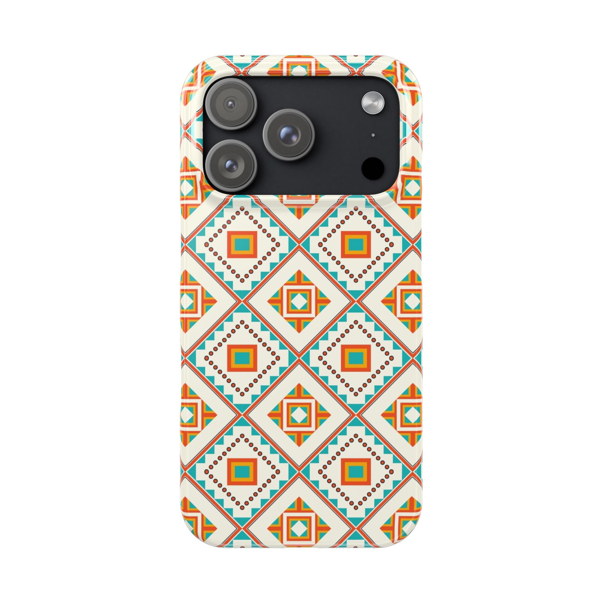 Slim Phone Case — Retro Geometric Tile Pattern (Turquoise & Orange)