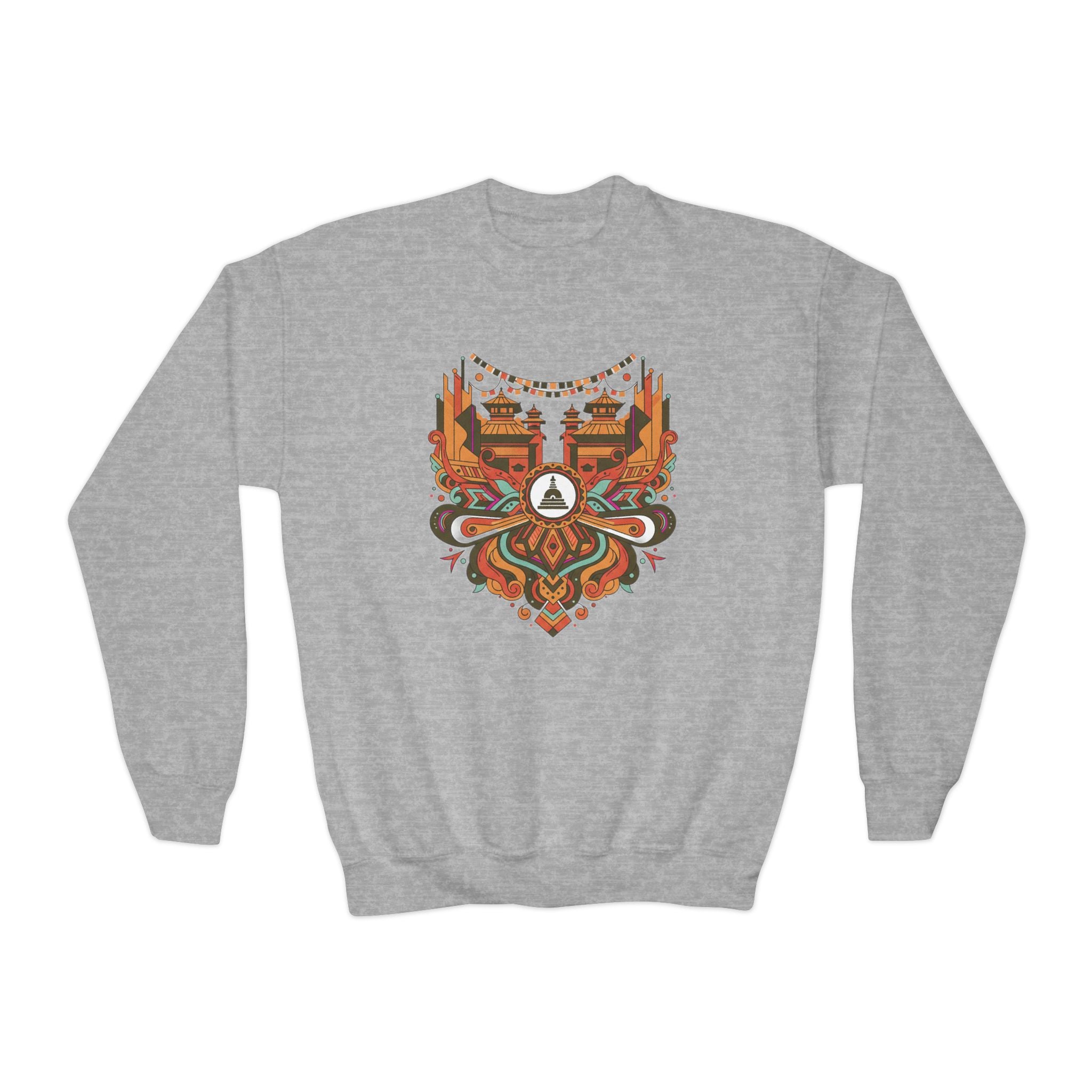 Youth Crewneck Sweatshirt — Retro Boho Fox Mask Graphic (Autumn Colors)