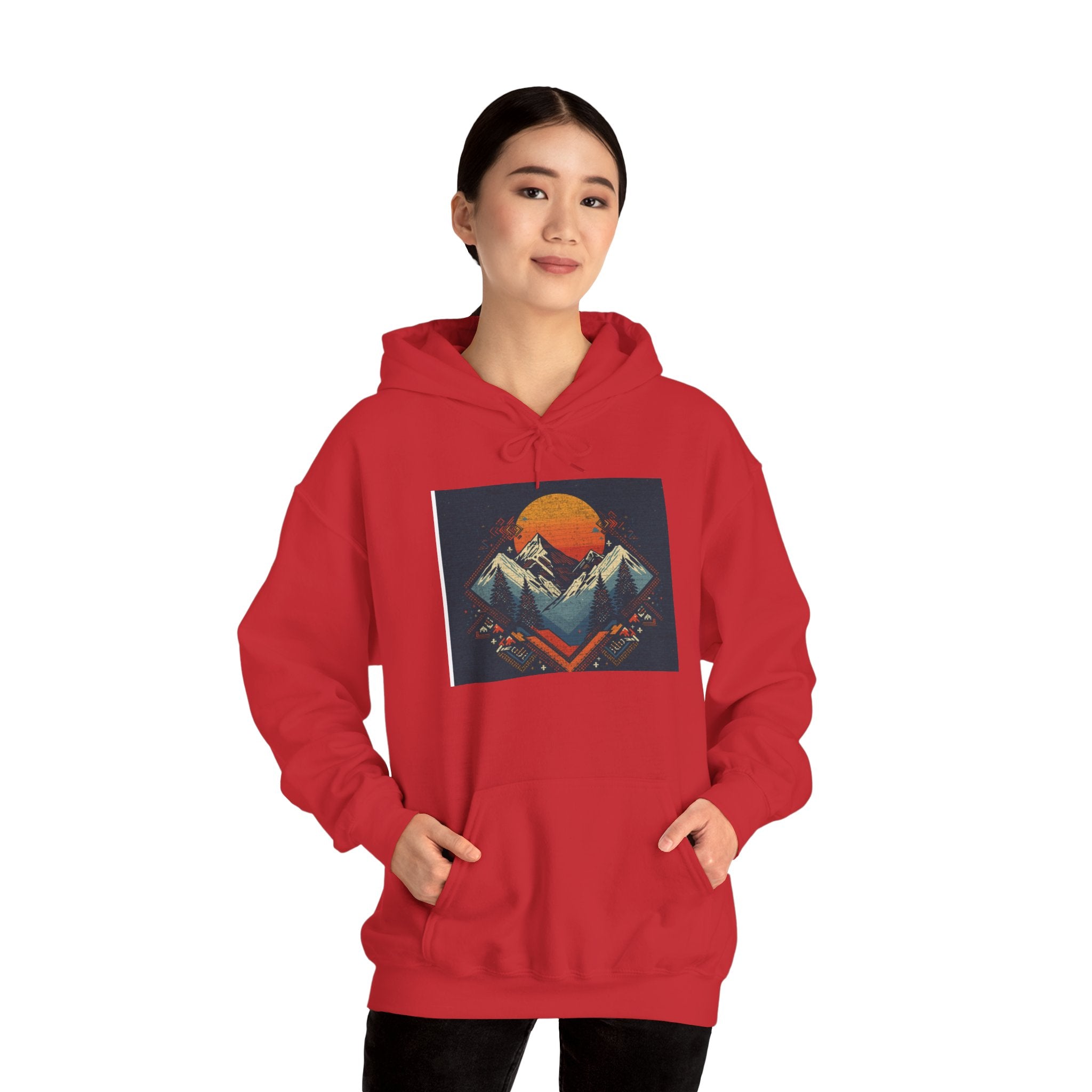Mountain Sunset Hoodie – Retro Geometric Peaks & Rising Sun Sweatshirt