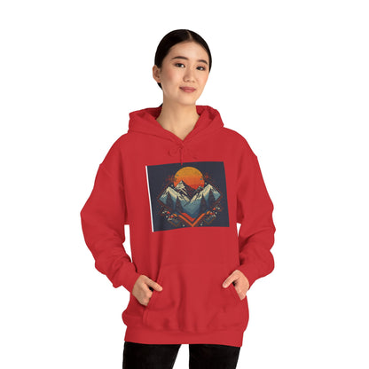 Mountain Sunset Hoodie – Retro Geometric Peaks & Rising Sun Sweatshirt