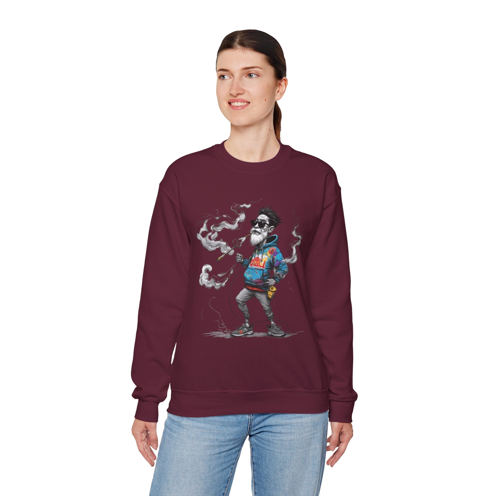 Crewneck Sweatshirt - Retro Cool Grandpa Smoking Pipe Illustration