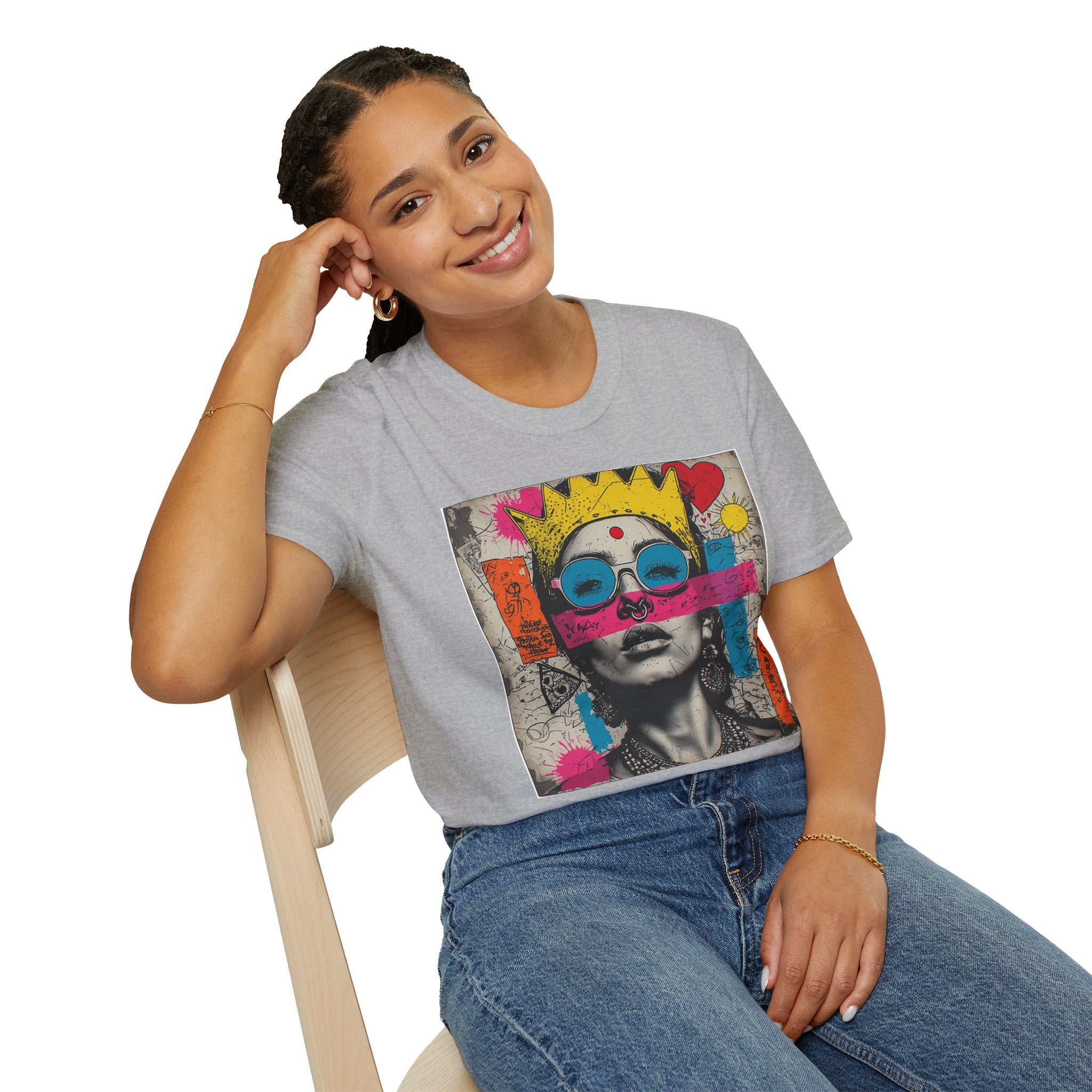 Abstract Pop Art Portrait T-Shirt — Neon Crown & Sunglasses Graphic
