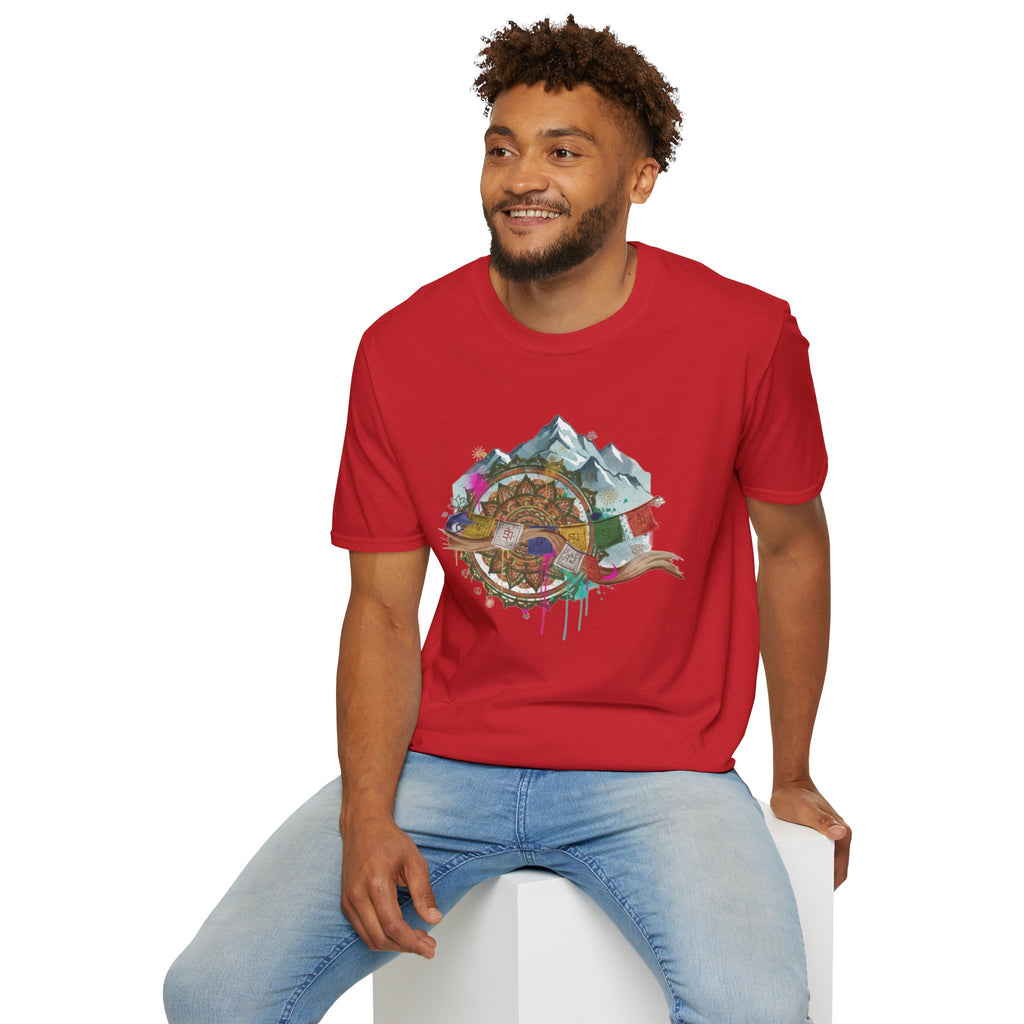 Adventure Compass T-Shirt — Mountain Compass with Prayer Flags & Colorful Globe