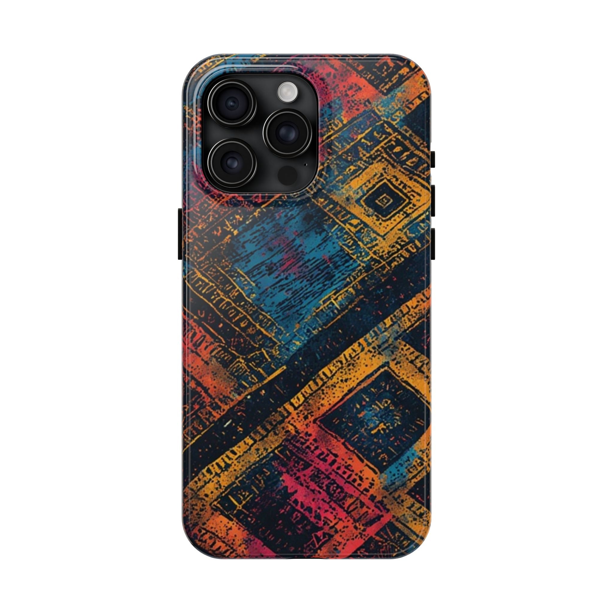 Tough Phone Case – Abstract Rustic Geometric Design (Blue, Orange, Magenta)