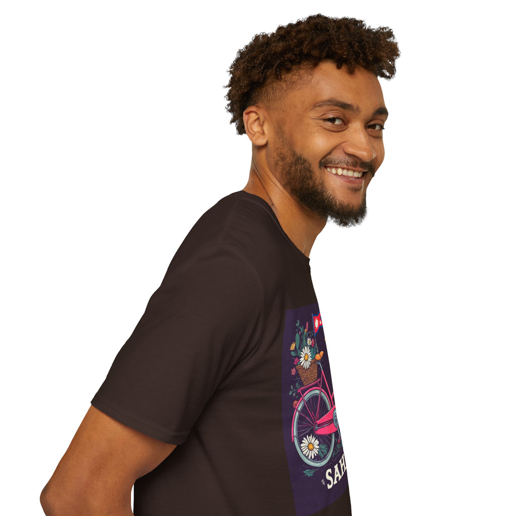 Bicycle Floral T-Shirt – Pink Bike with Baskets & "Sahaje" Text