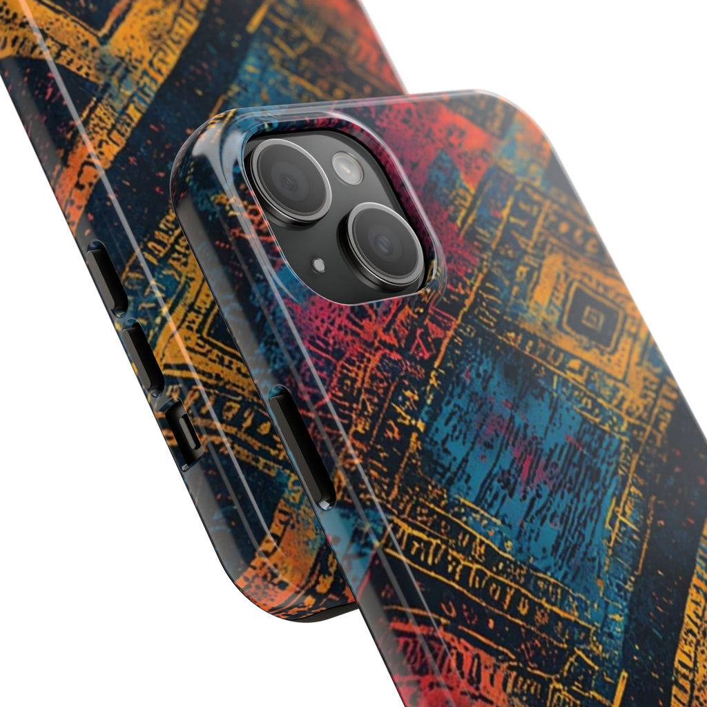 Tough Phone Case – Abstract Rustic Geometric Design (Blue, Orange, Magenta)