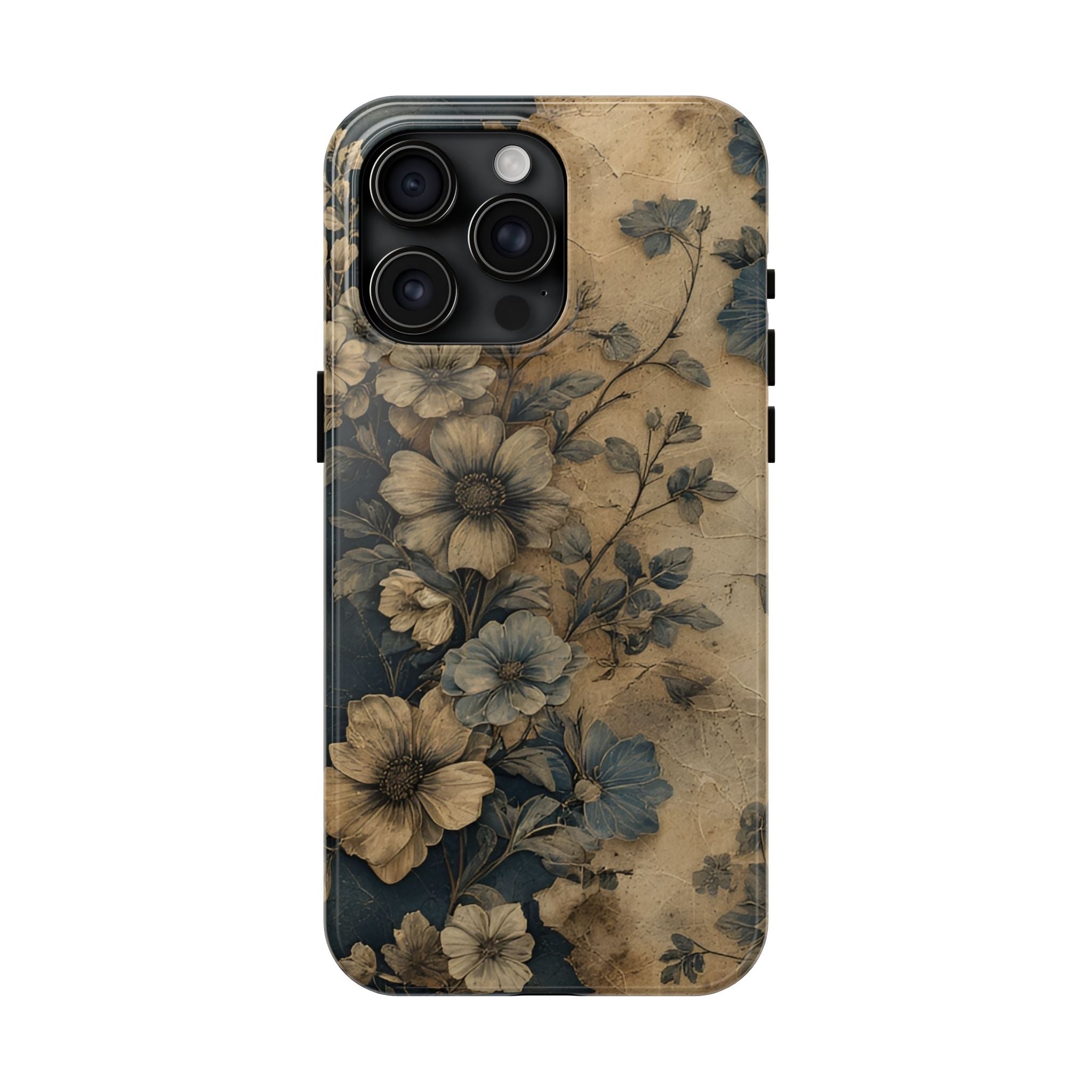 Vintage Floral Tough Phone Case — Antique Beige & Navy Protective Cover
