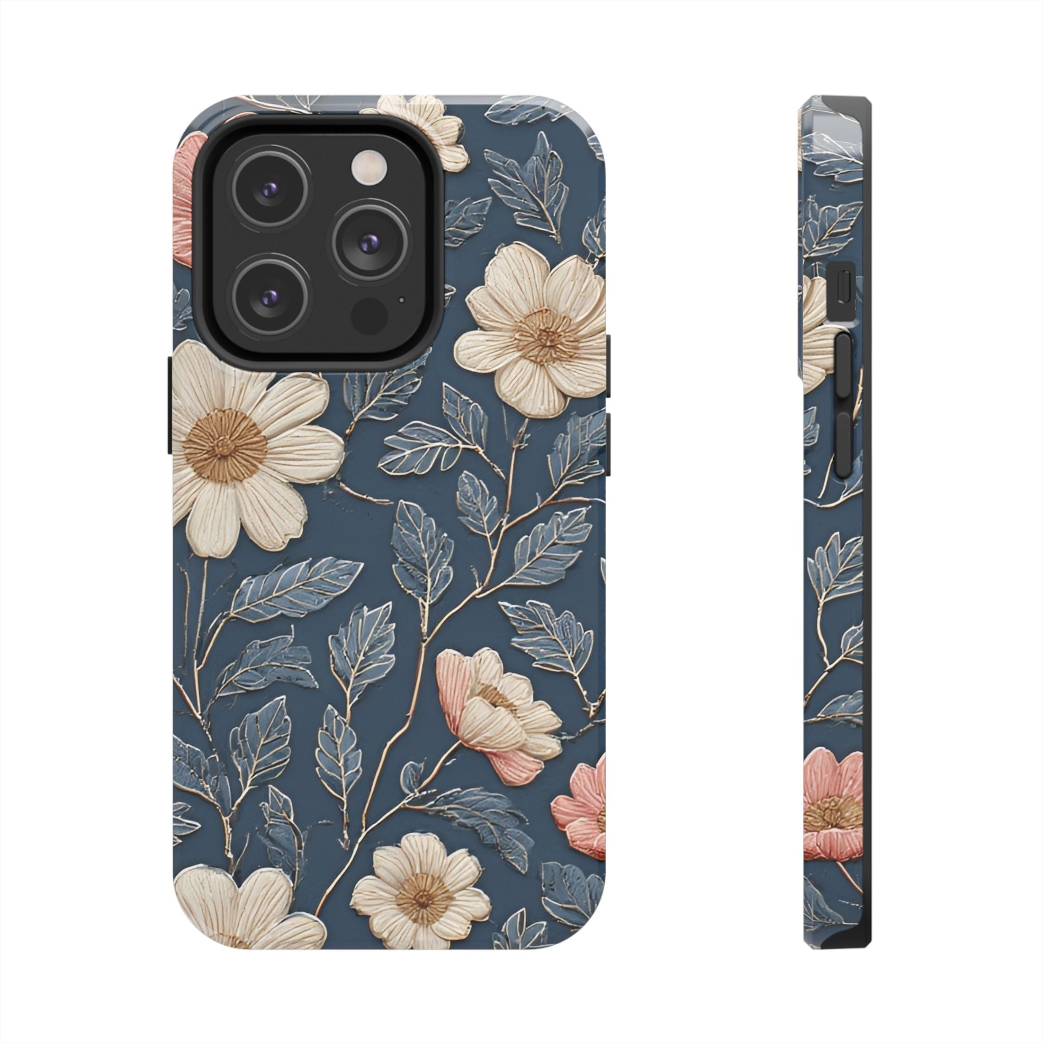 Floral Tough Phone Case — Vintage Blue Daisy Protective Cover