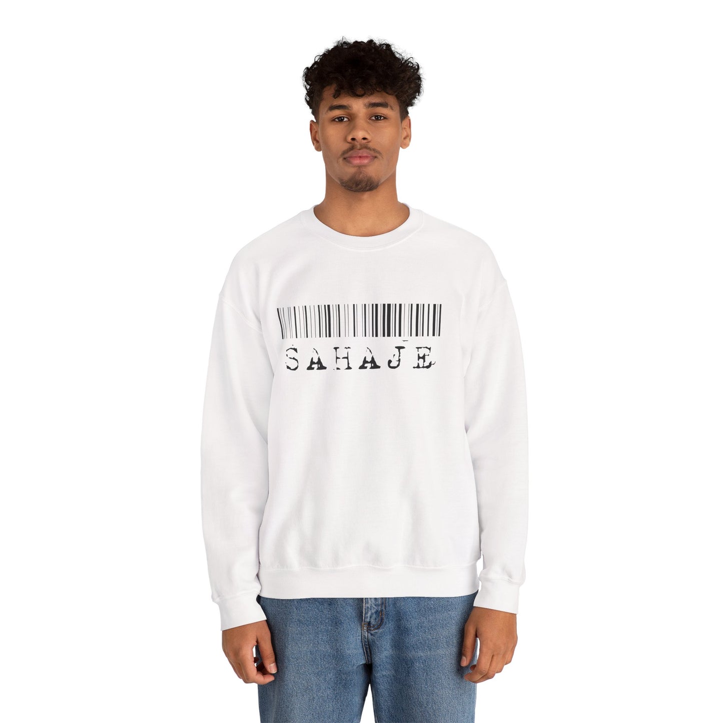 Sahaje Barcode Crewneck Sweatshirt — Minimalist White Graphic Pullover