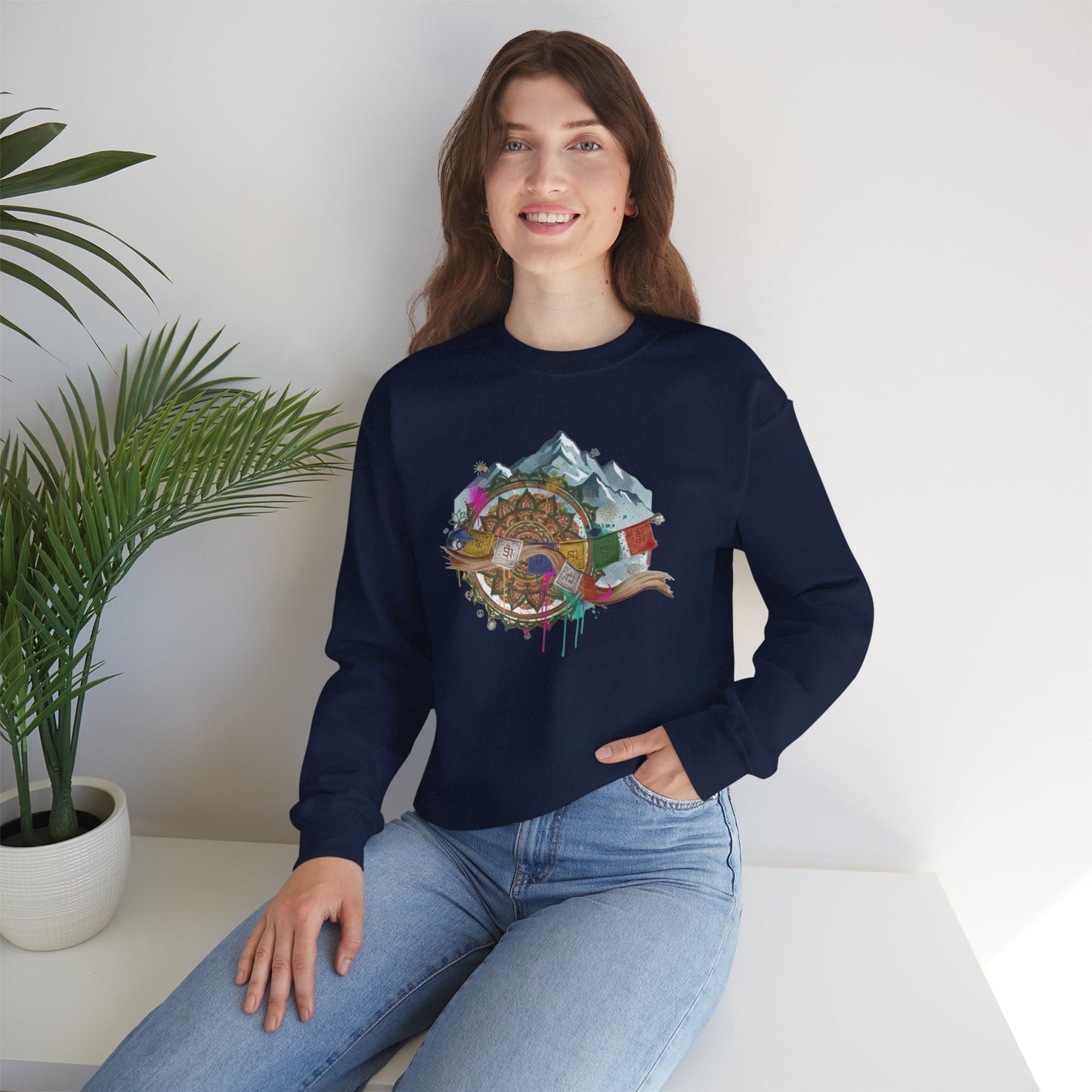 Adventure Mountain Crewneck Sweatshirt — Colorful Hiking Compass & Peaks Design