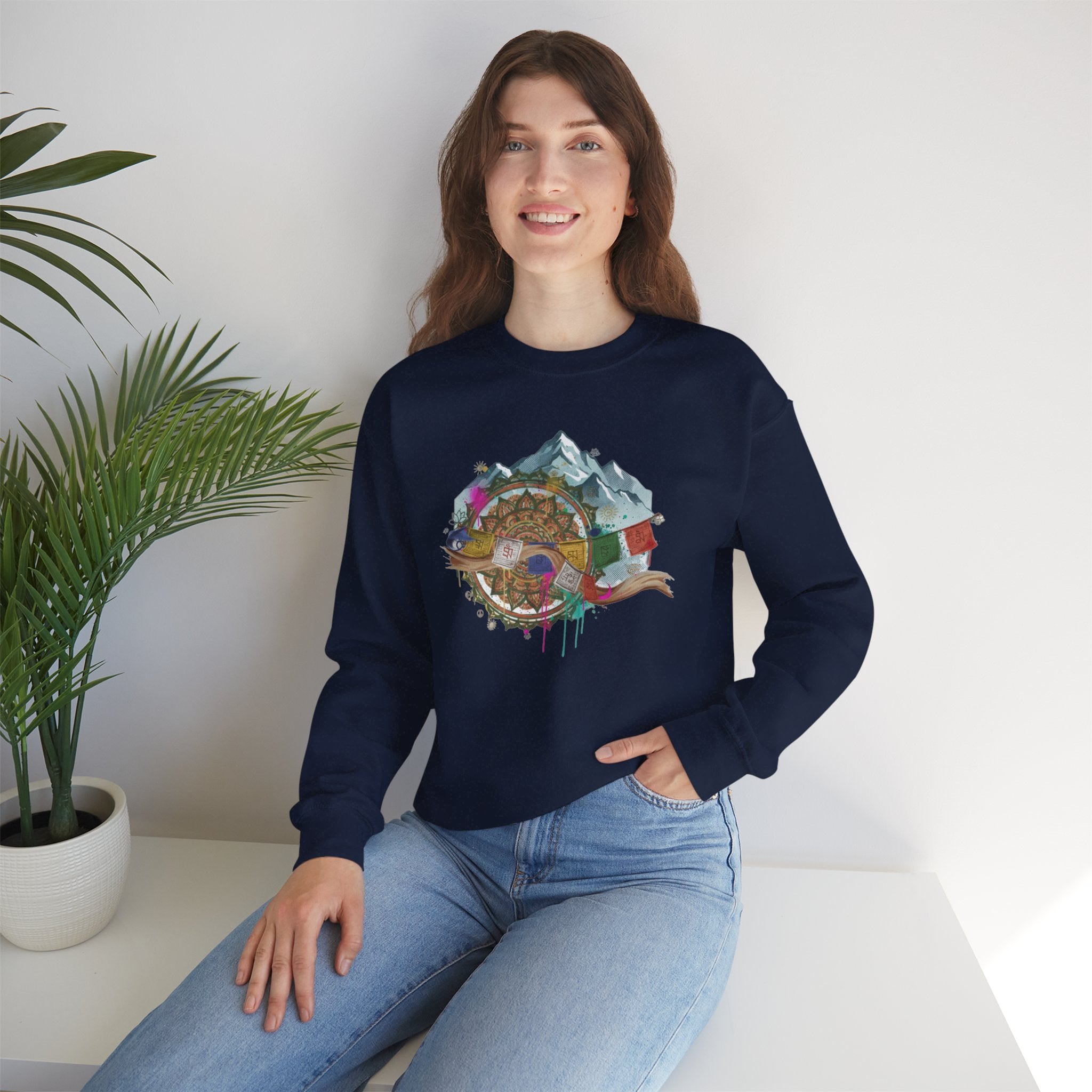 Adventure Mountain Crewneck Sweatshirt — Colorful Hiking Compass & Peaks Design