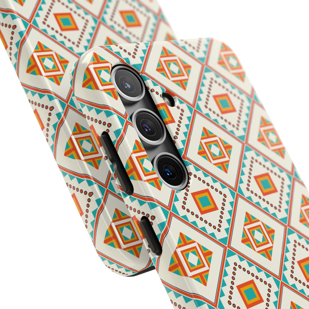 Tough Phone Case — Geometric Retro Tile Pattern, Orange & Teal Protective Cover