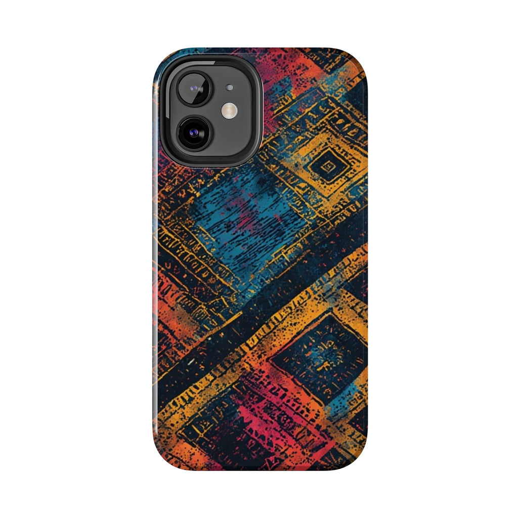 Tough Phone Case – Abstract Rustic Geometric Design (Blue, Orange, Magenta)