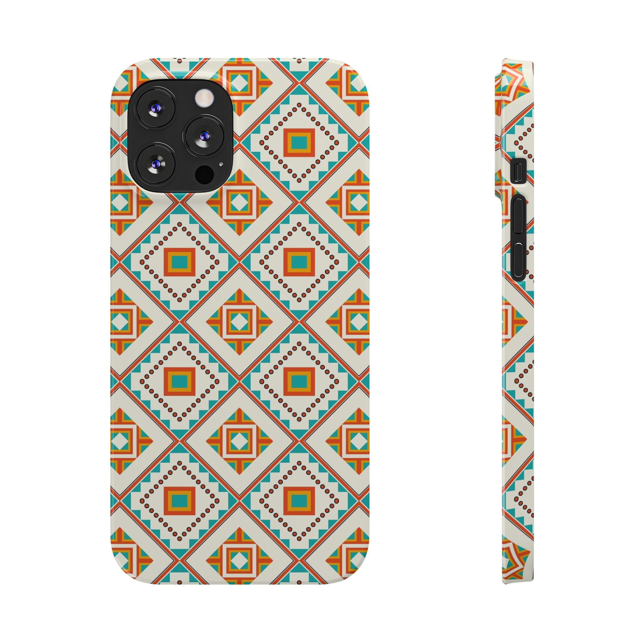 Slim Phone Case — Retro Geometric Tile Pattern (Turquoise & Orange)