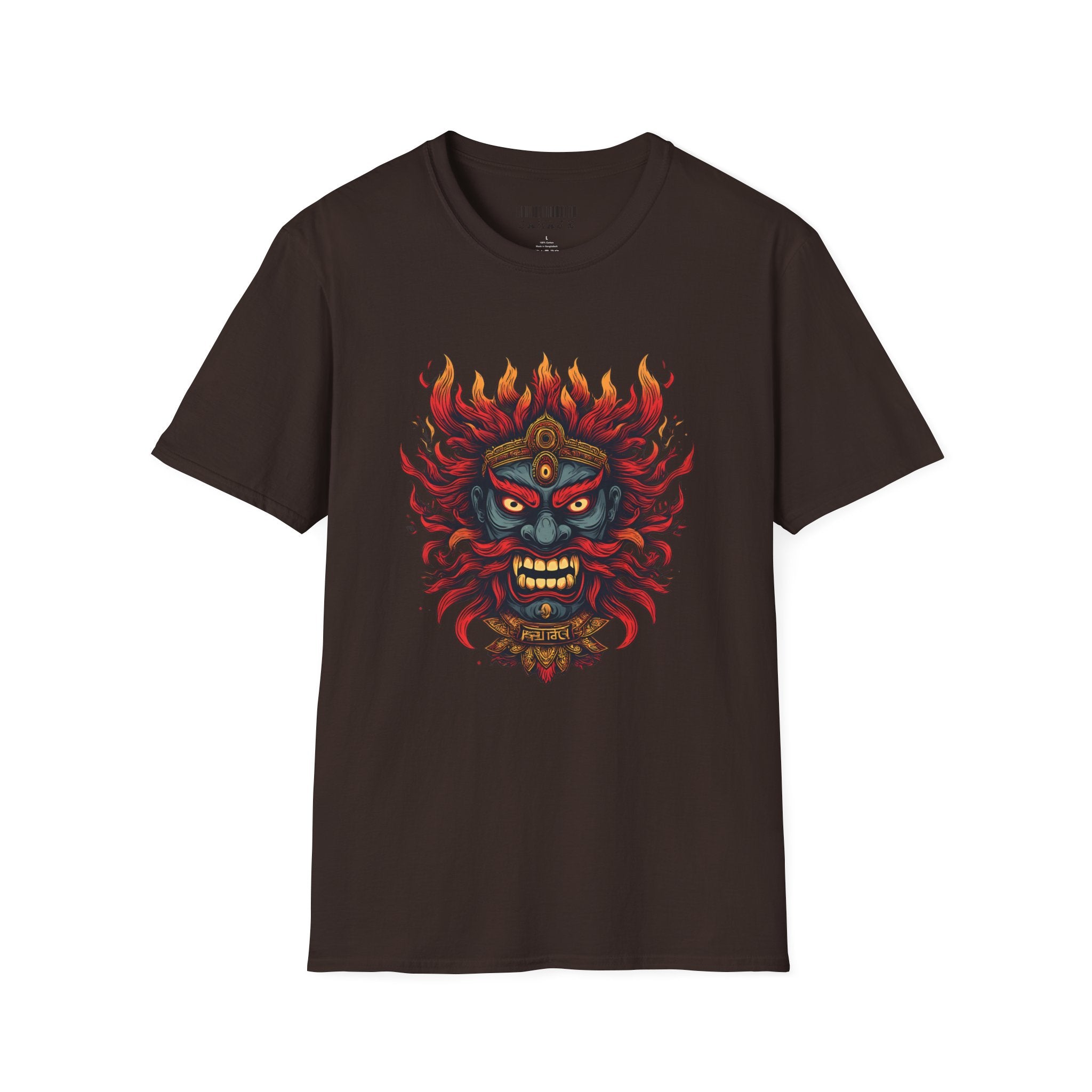 Flaming Demon Mask T-Shirt — Fierce Tattoo-Style Graphic Tee