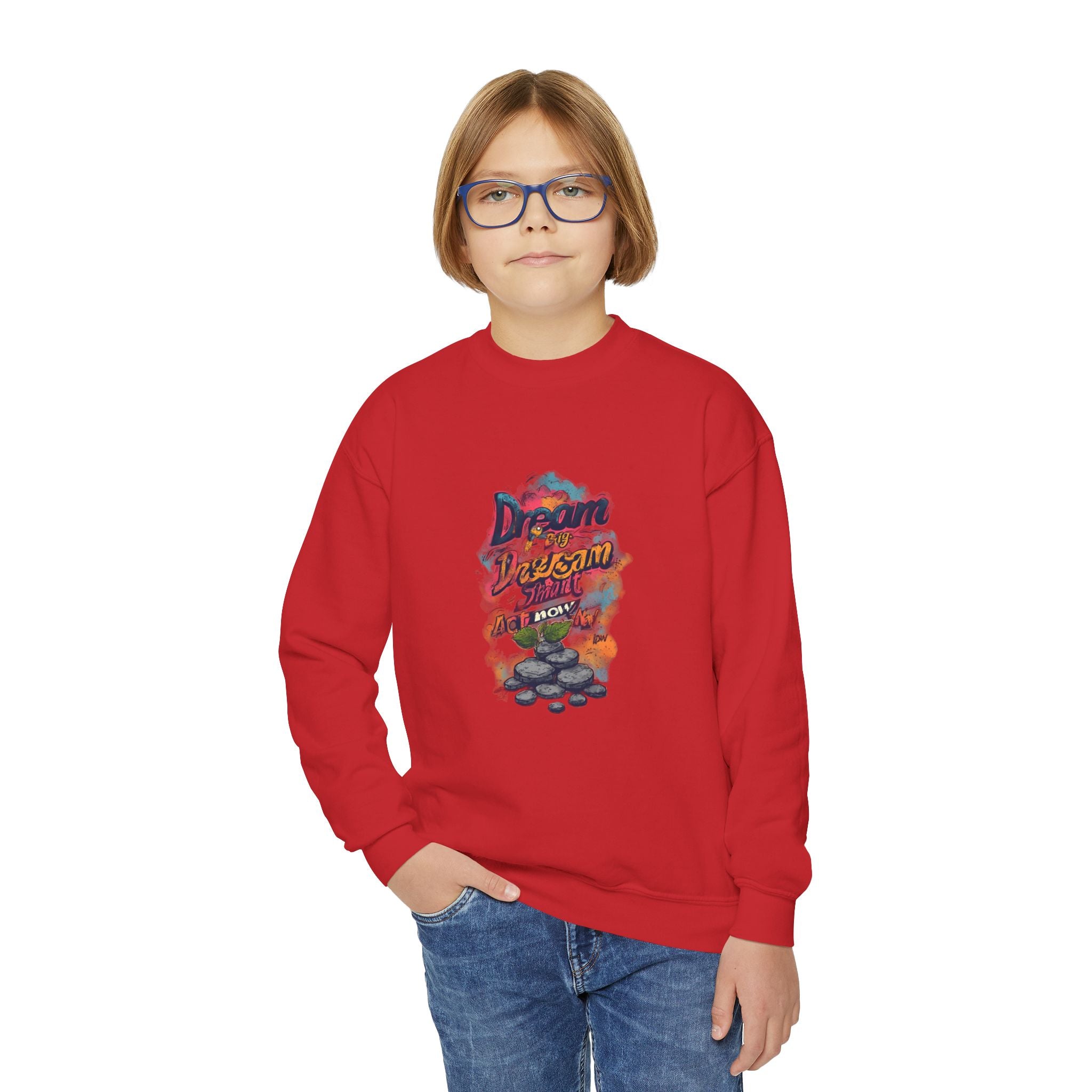 Youth Crewneck Sweatshirt — 'Dream Big, Stay Awesome' Colorful Graphic