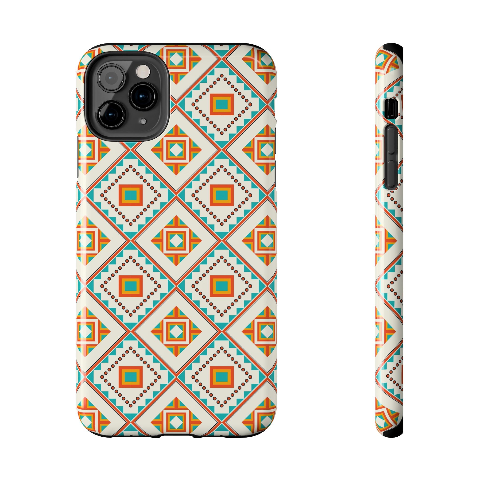 Tough Phone Case — Geometric Retro Tile Pattern, Orange & Teal Protective Cover