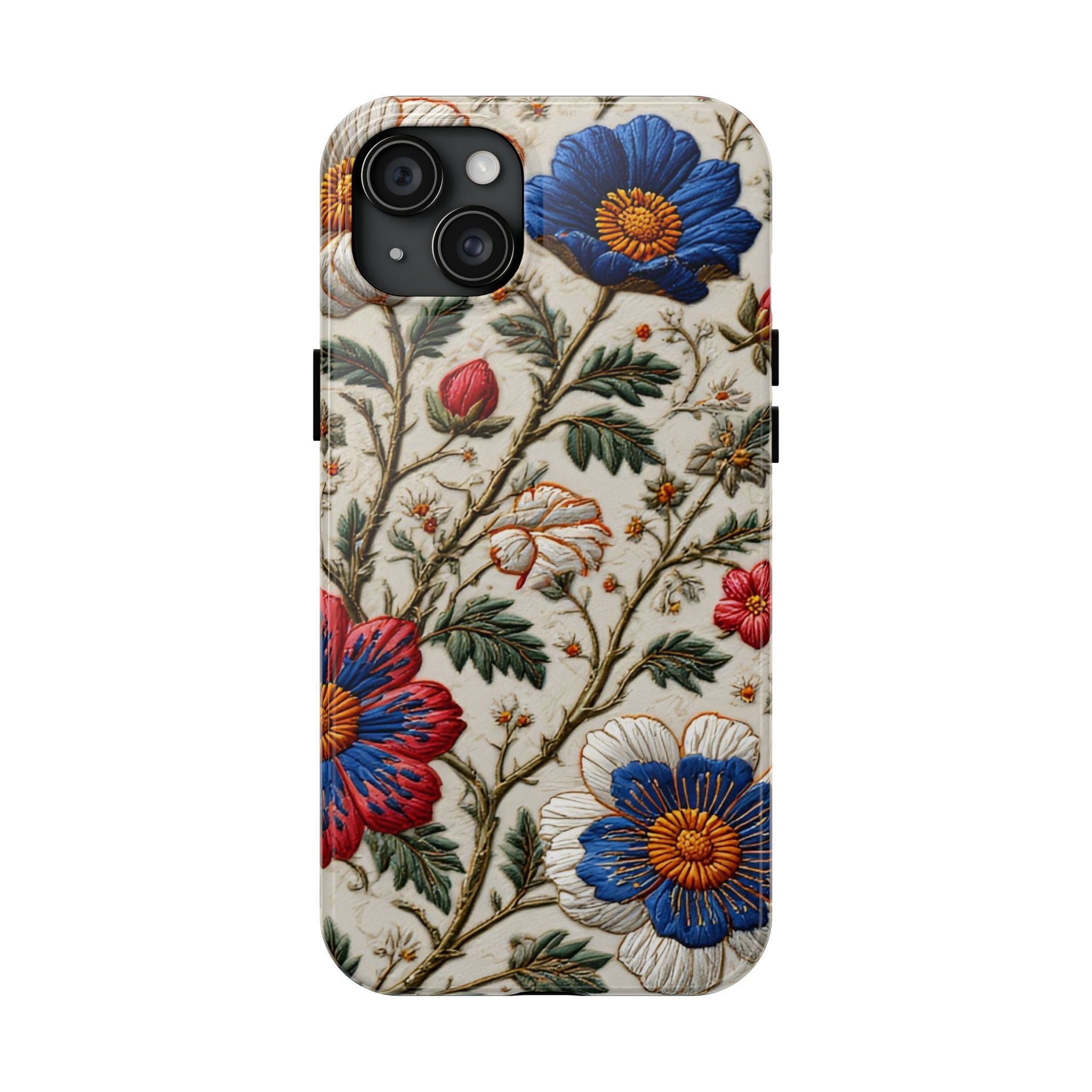 Floral Embroidery Tough Phone Case — Vintage Blue & Red Garden Design
