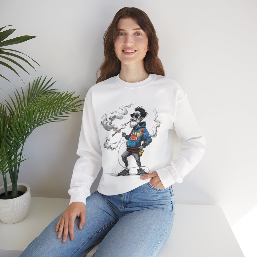 Crewneck Sweatshirt - Retro Cool Grandpa Smoking Pipe Illustration