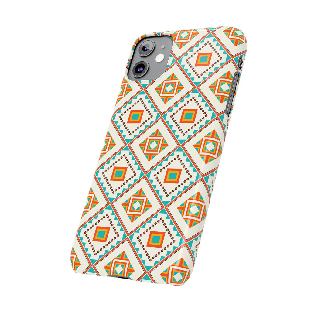 Slim Phone Case — Retro Geometric Tile Pattern (Turquoise & Orange)