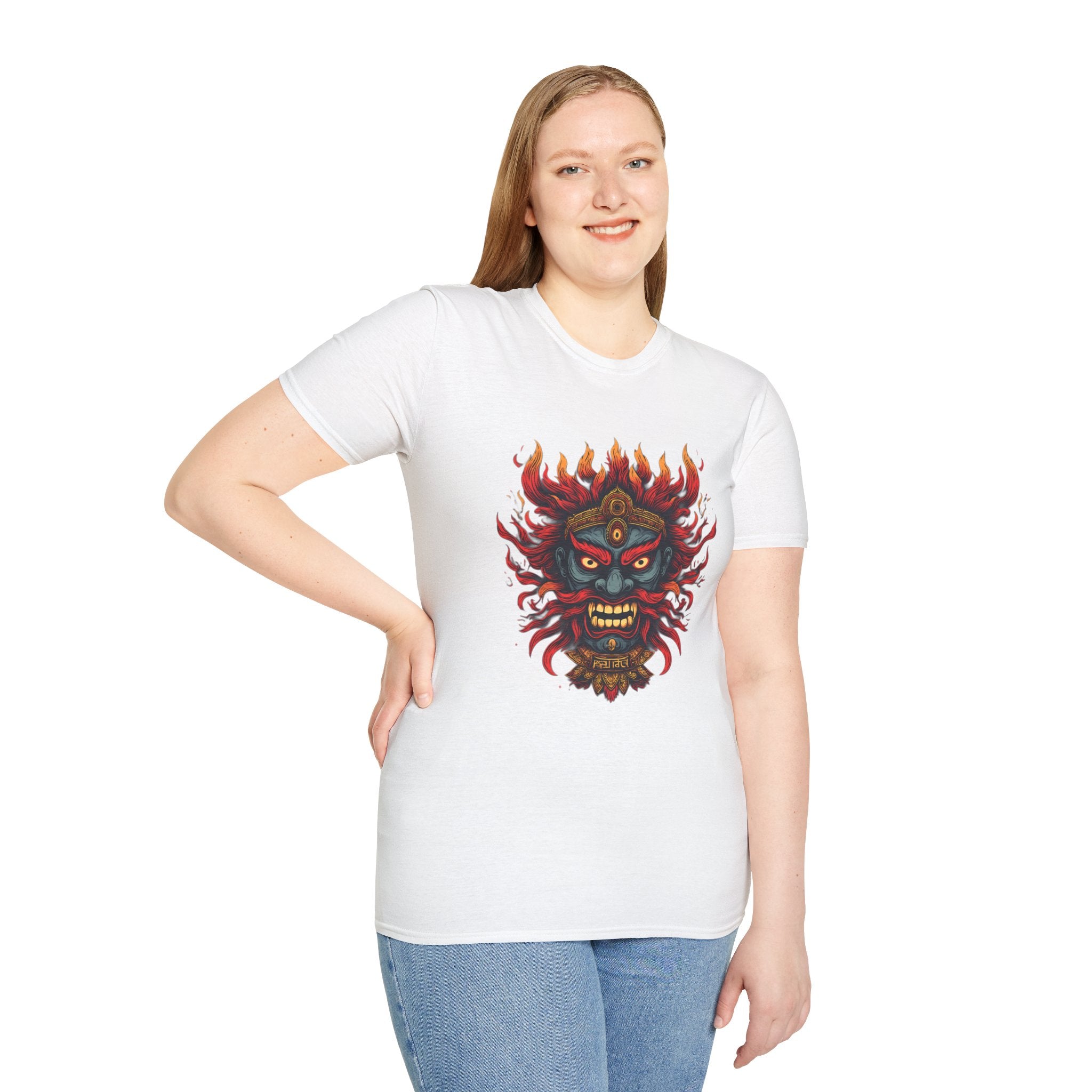 Flaming Demon Mask T-Shirt — Fierce Tattoo-Style Graphic Tee