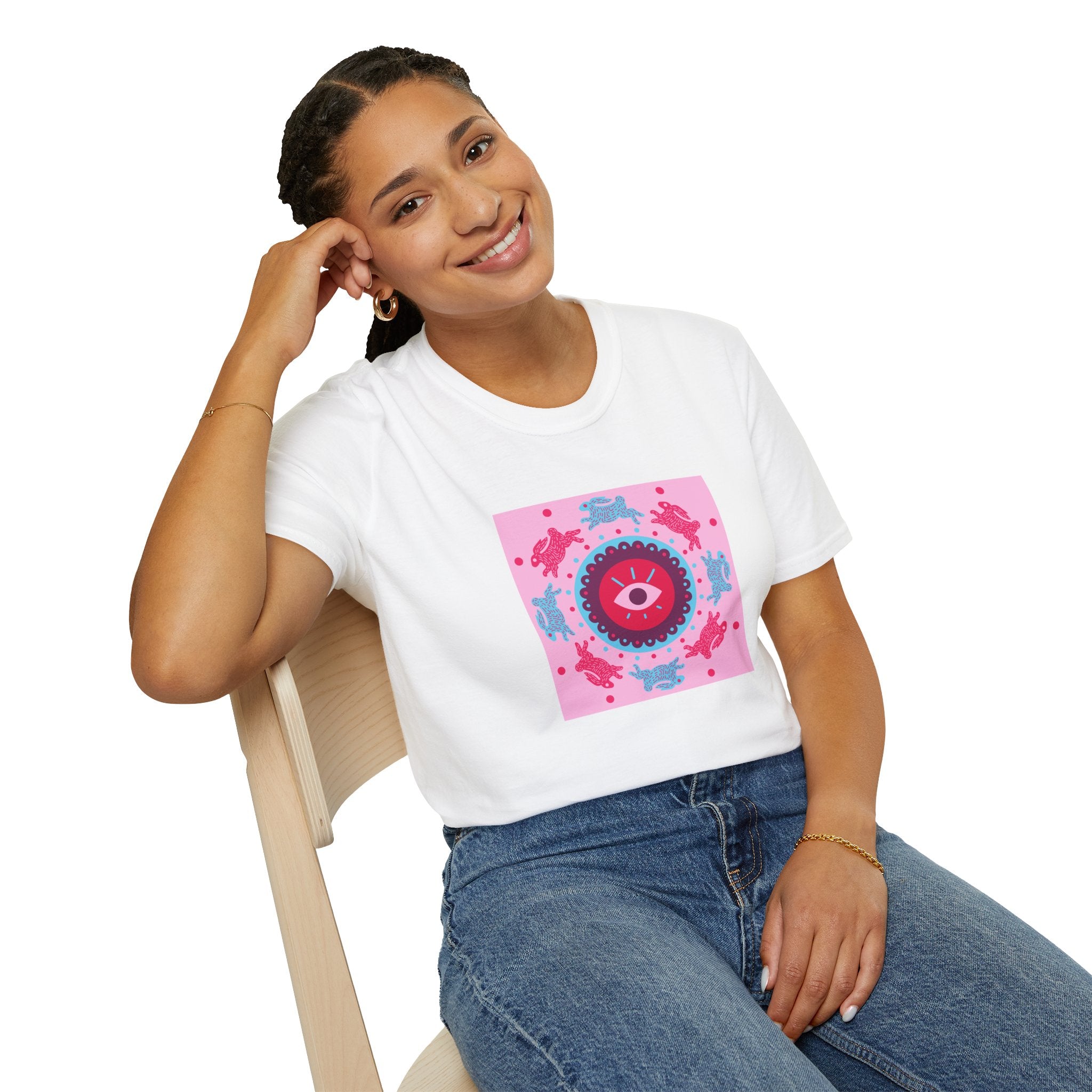 Psychedelic Eyeball Mandala T-Shirt — Pink Blue Retro Graphic Tee