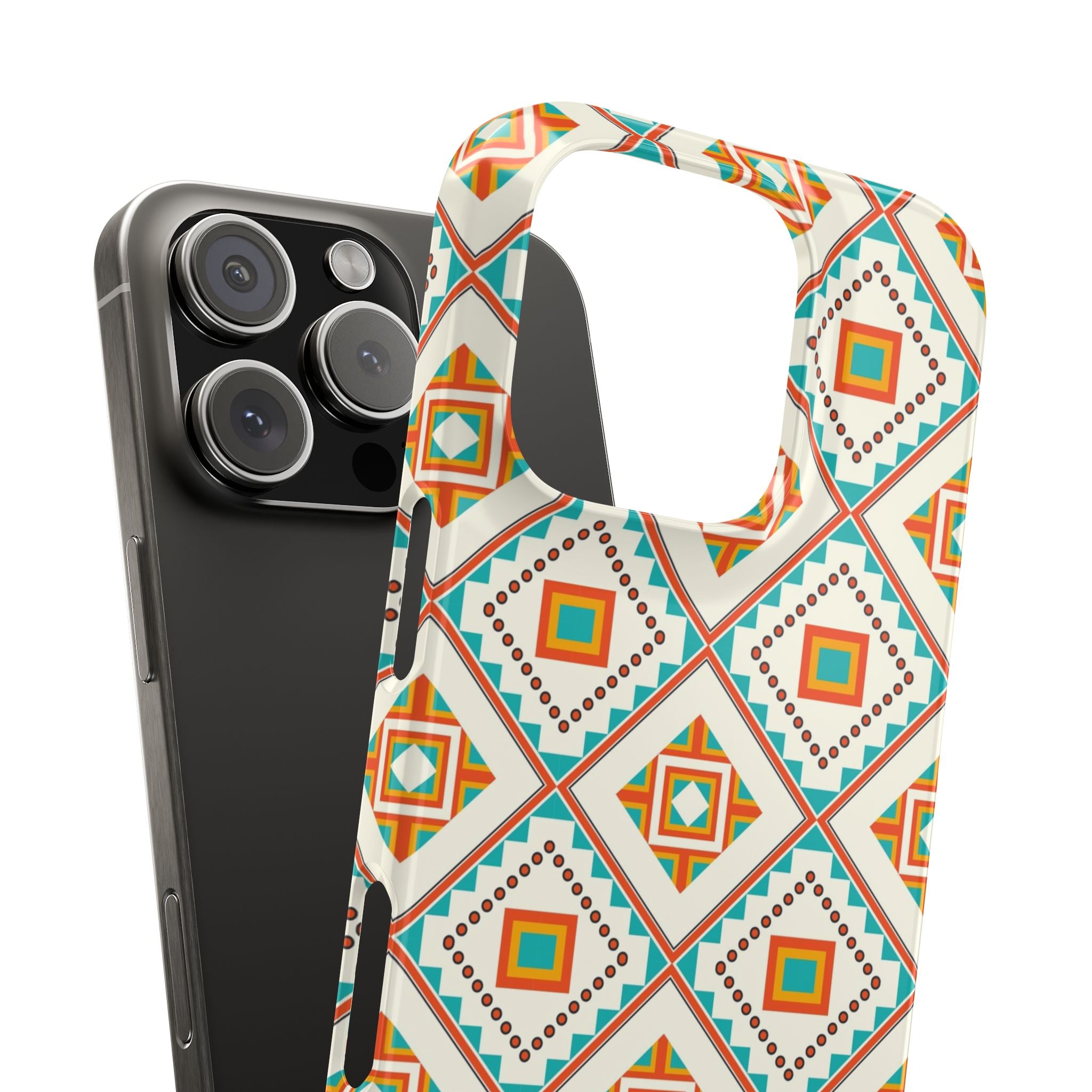 Slim Phone Case — Retro Geometric Tile Pattern (Turquoise & Orange)