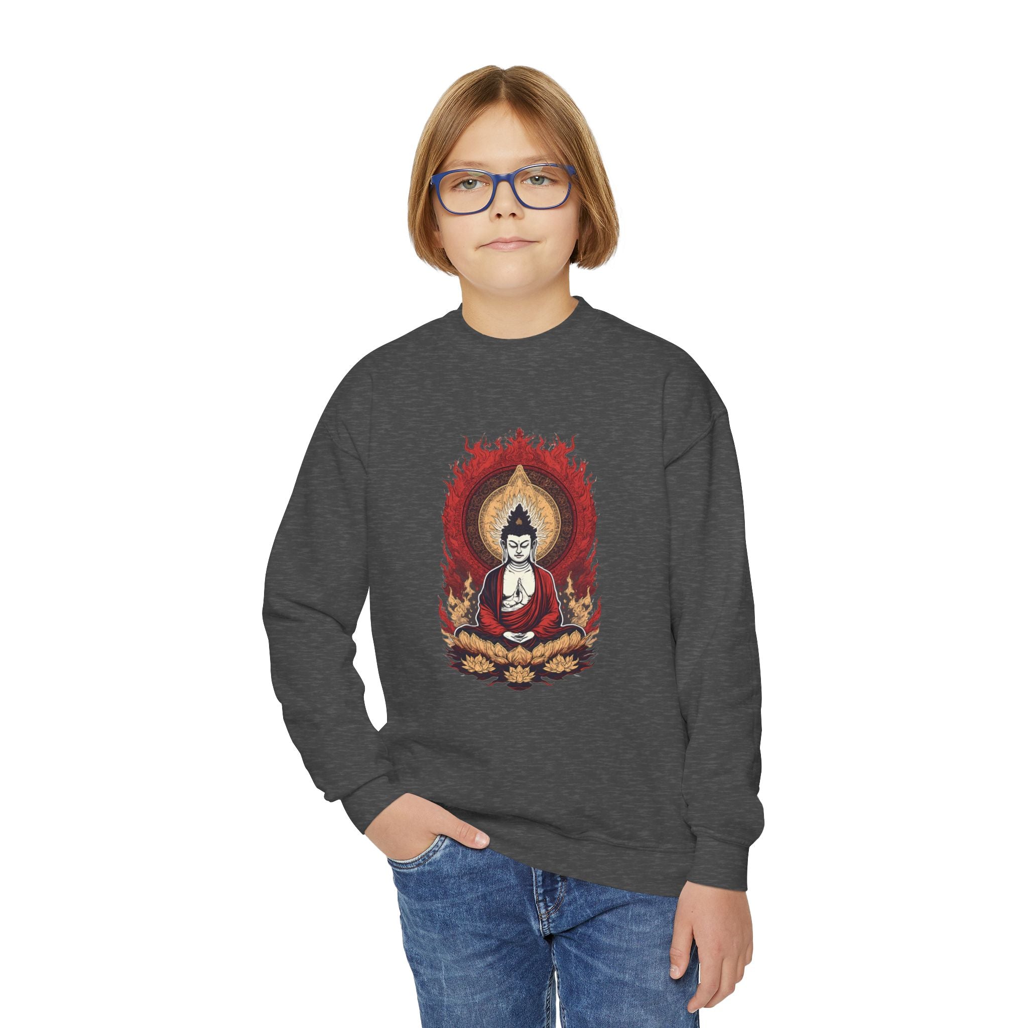 Buddha Flame Youth Crewneck Sweatshirt - Meditating Lotus Graphic