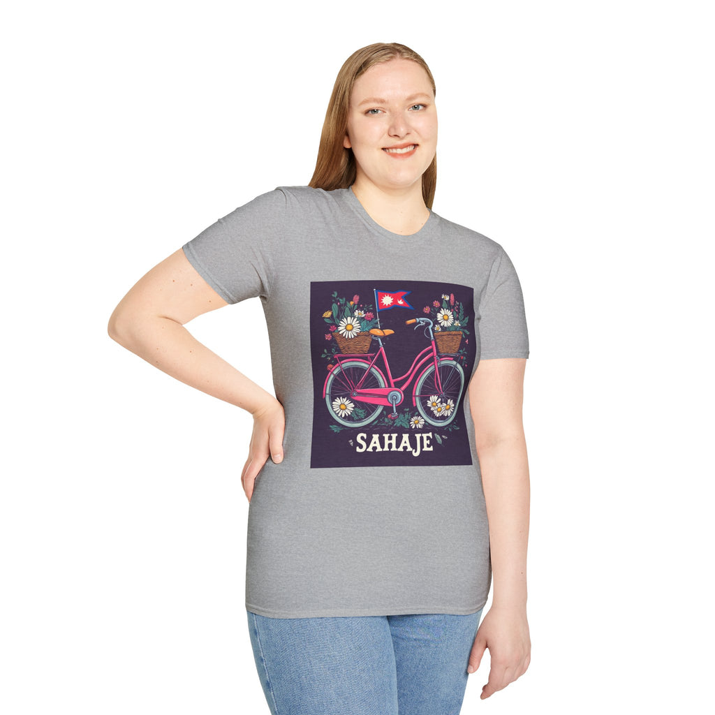 Bicycle Floral T-Shirt – Pink Bike with Baskets & "Sahaje" Text
