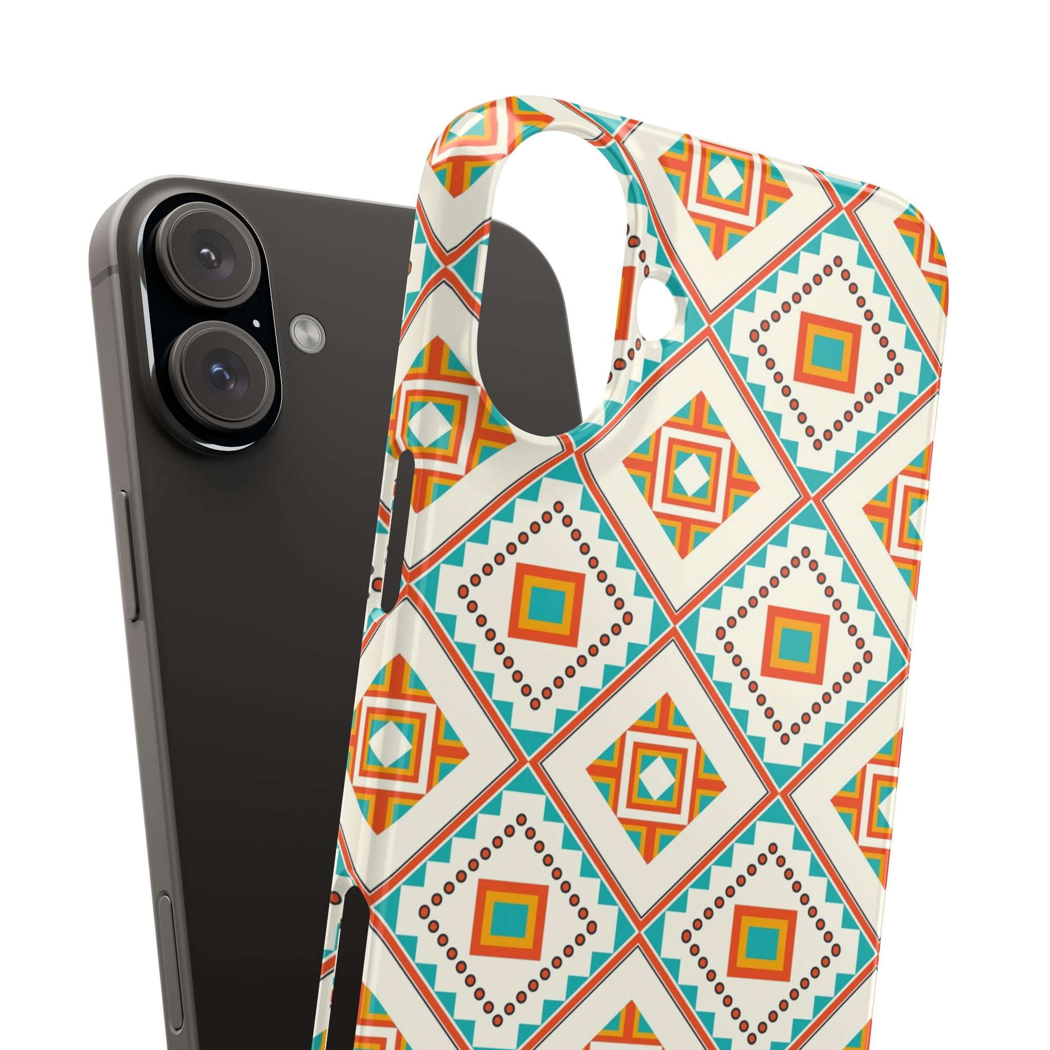 Slim Phone Case — Retro Geometric Tile Pattern (Turquoise & Orange)