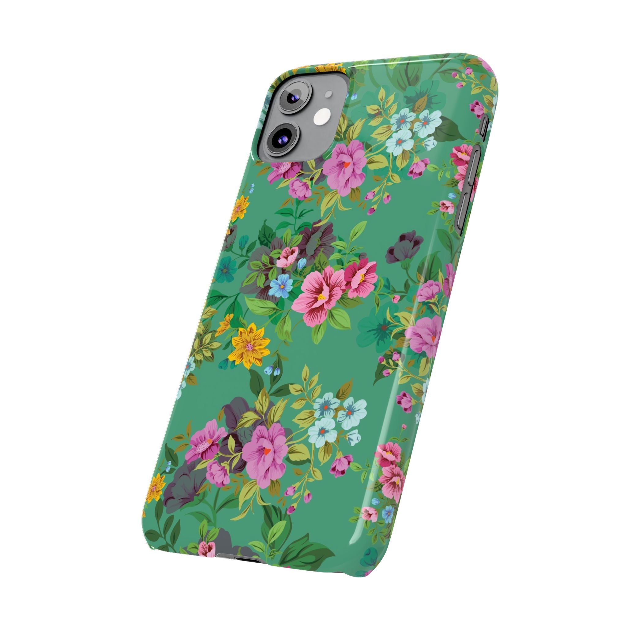 Floral Vintage Green Slim Phone Case — Pink & Yellow Garden Print