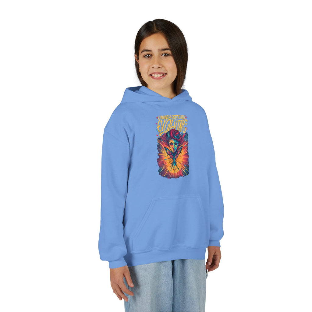 Youth Hoodie — Vibrant 'Evolving' Butterfly Girl Graphic Sweatshirt