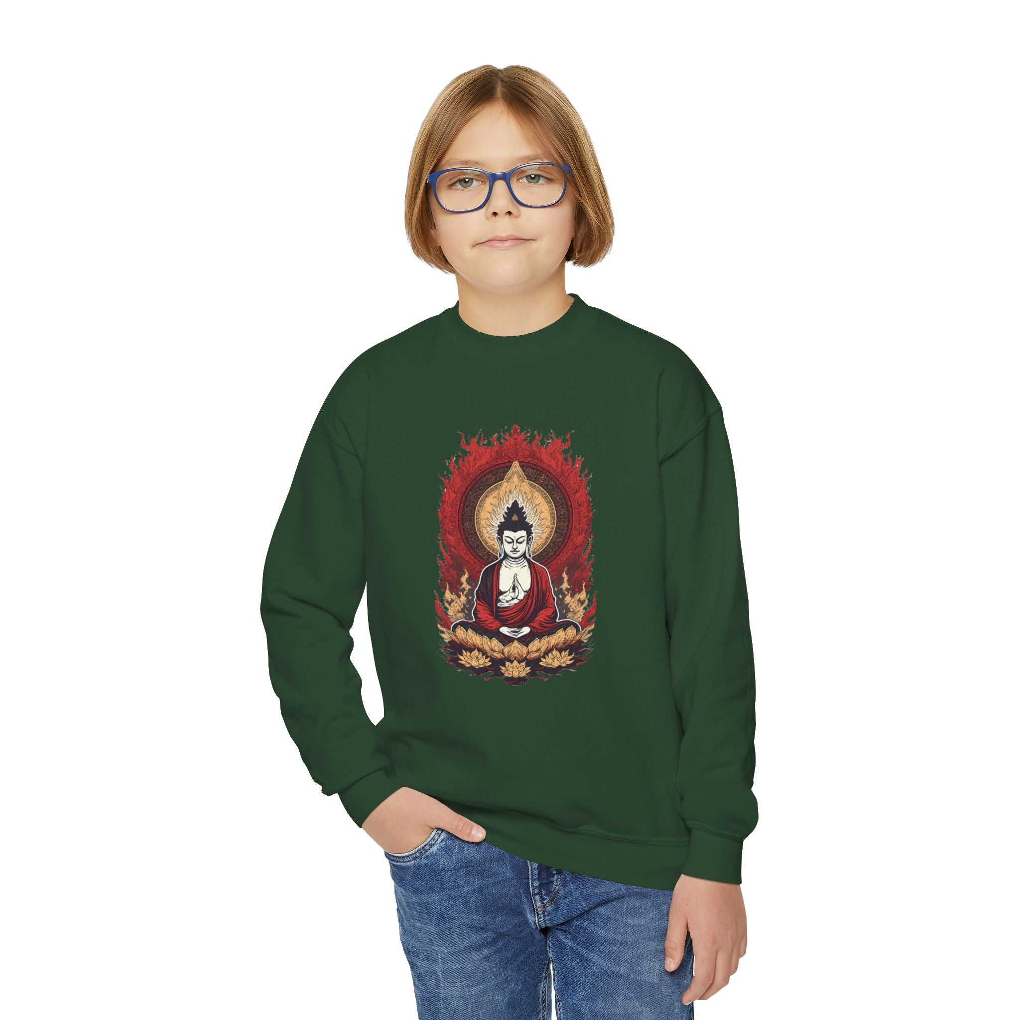Buddha Flame Youth Crewneck Sweatshirt - Meditating Lotus Graphic