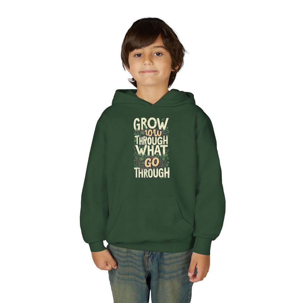 Youth Hoodie — 'Grow Slow, Go Through' Floral Motivational Hooded Sweatshirt