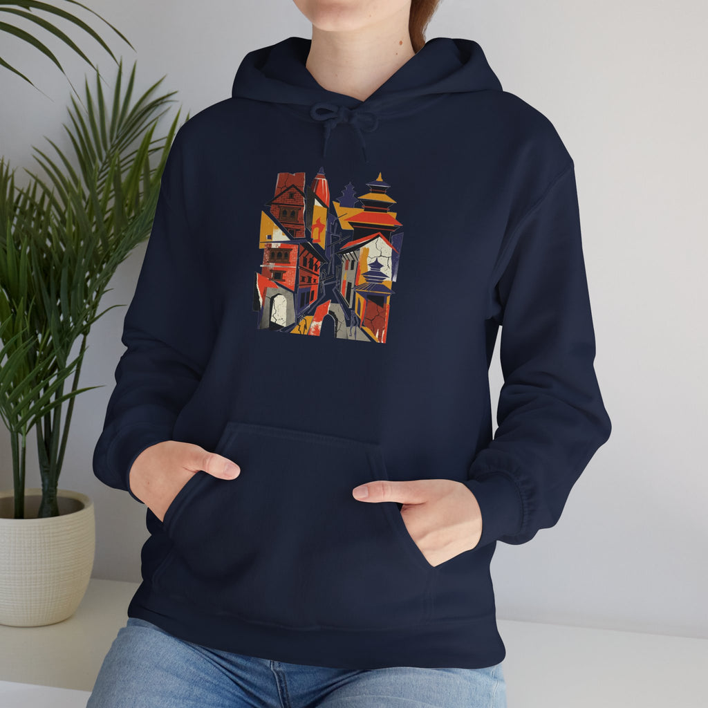 Cityscape Collage Hoodie — Colorful Urban Architecture Graphic Hoodie