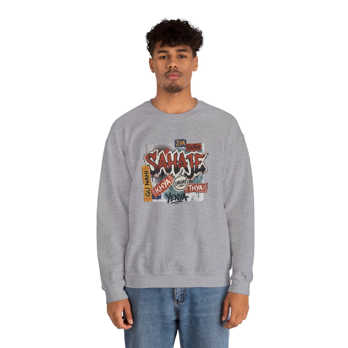 Crewneck Sweatshirt — 'Sahaje' Vintage Sticker Collage Graphic