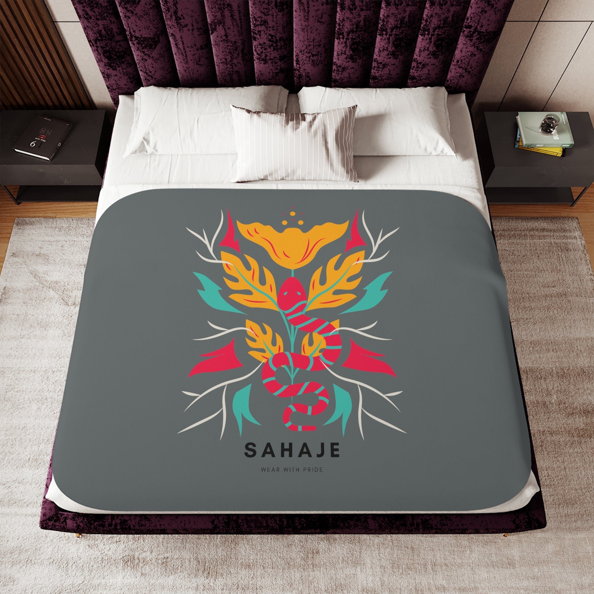 Sahaje Floral Snake Sherpa Blanket – Cozy Two-Tone Throw