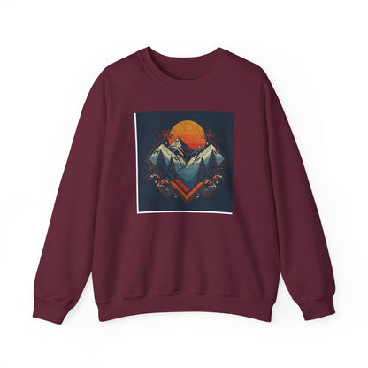 Mountain Sunset Crewneck Sweatshirt — Retro Geometric Peaks Graphic