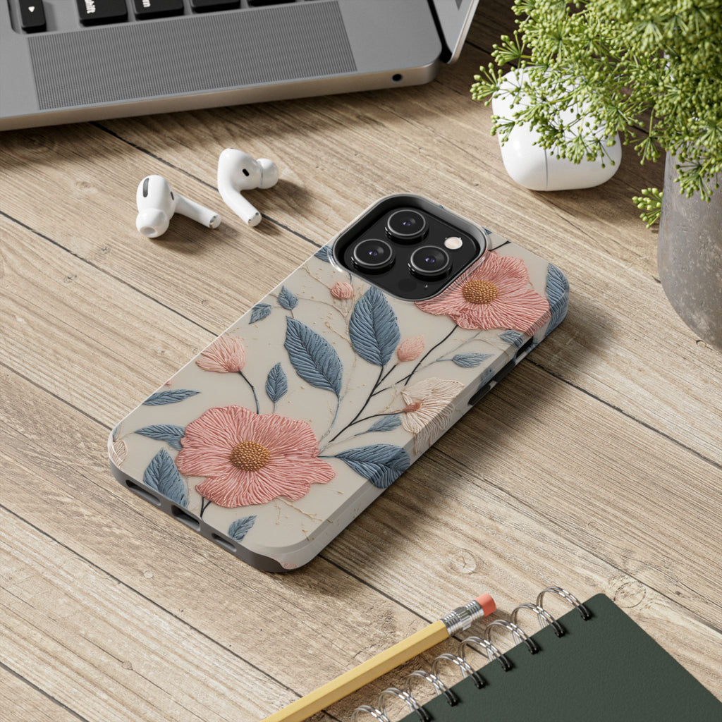 Floral Embroidered Tough Phone Case — Pink Blossom Protective Phone Cover