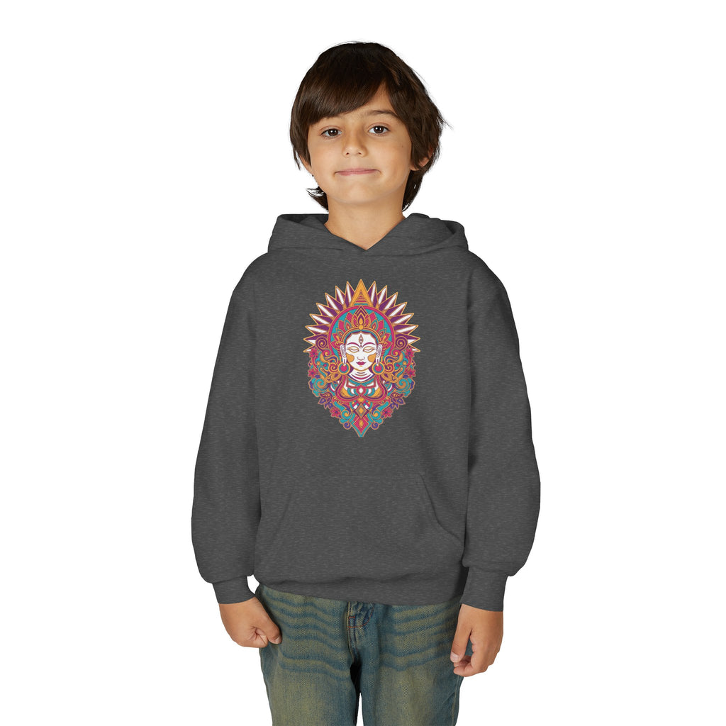Youth Hoodie with Colorful Sugar Skull Goddess Design — Day of the Dead Kids Pullover