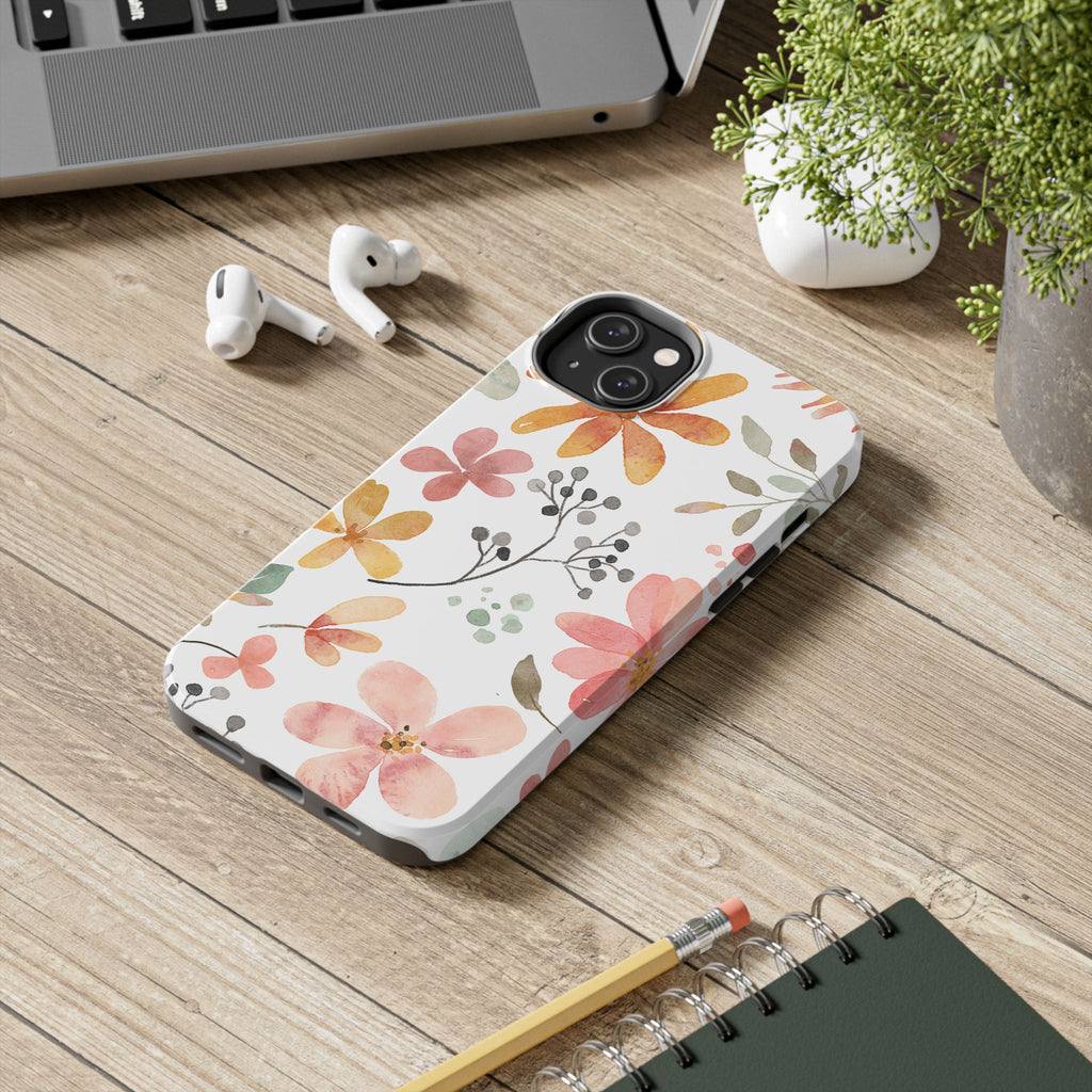 Floral Watercolor Tough Phone Case — Pink & Peach Botanical Protection