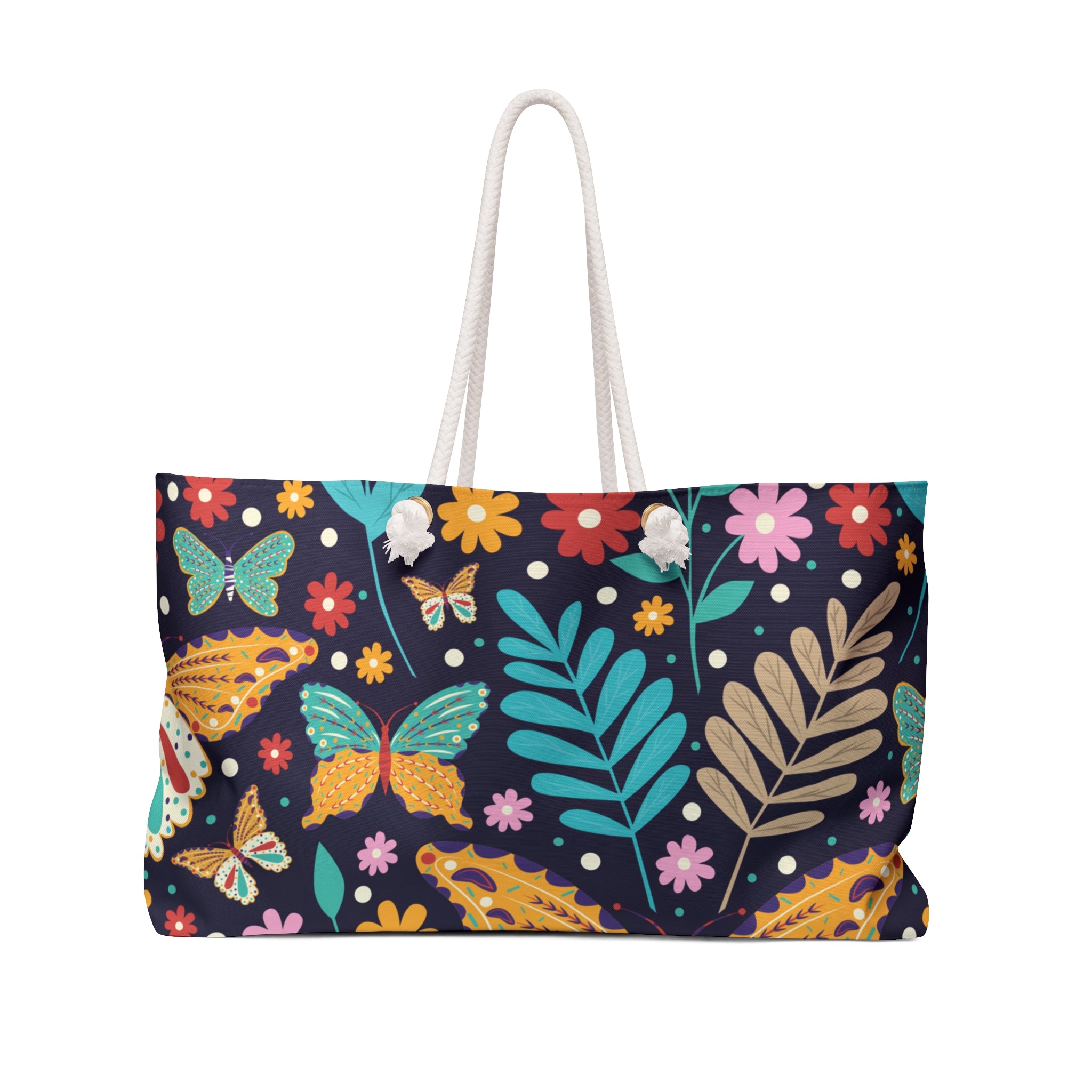 Colorful Floral Weekender Bag, Travel Tote, Oversized Beach Bag, Butterfly Design, Perfect for Vacations and Getaways