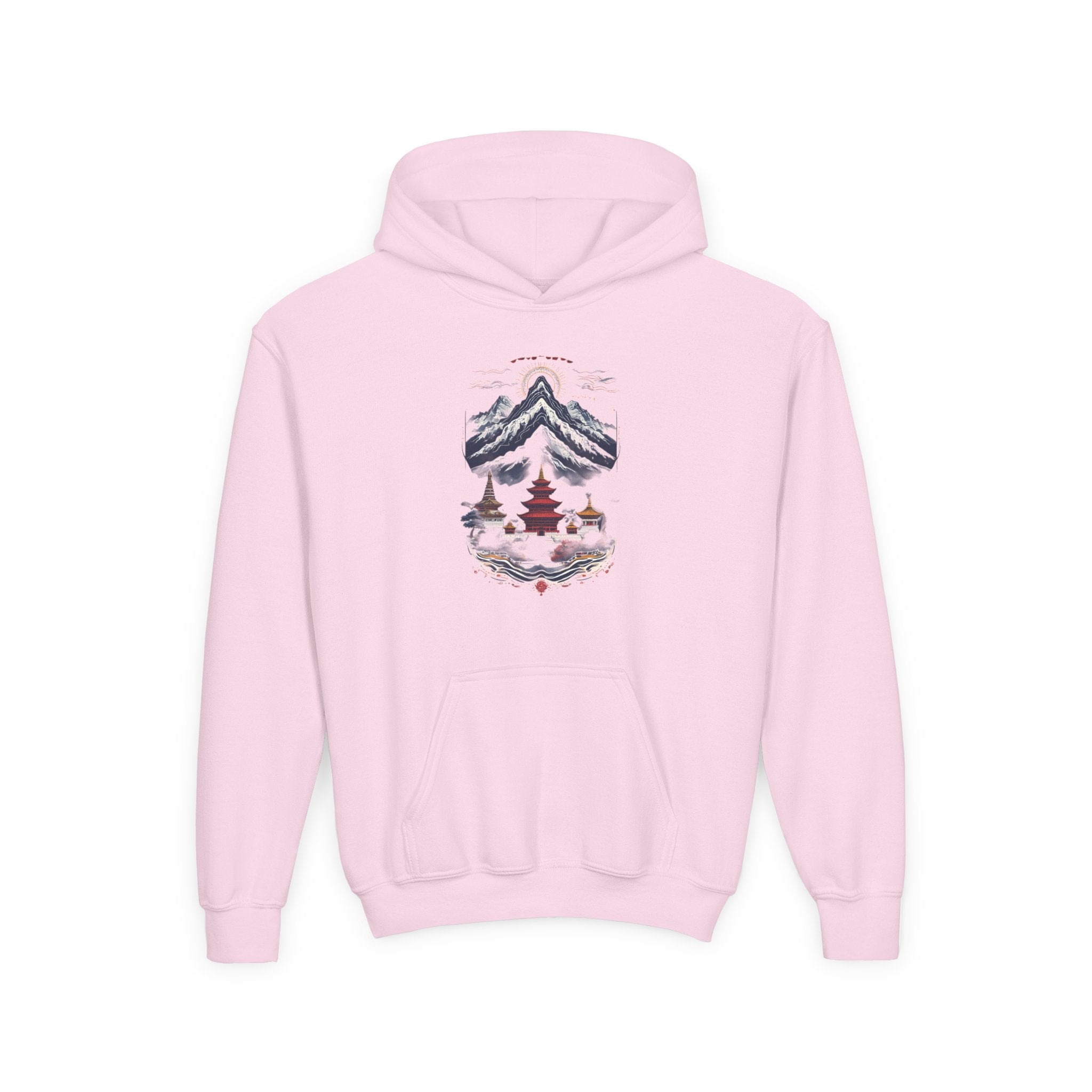 Youth Hoodie — Mountain Pagoda Watercolor Graphic (Asian Temple Winter Vibe)
