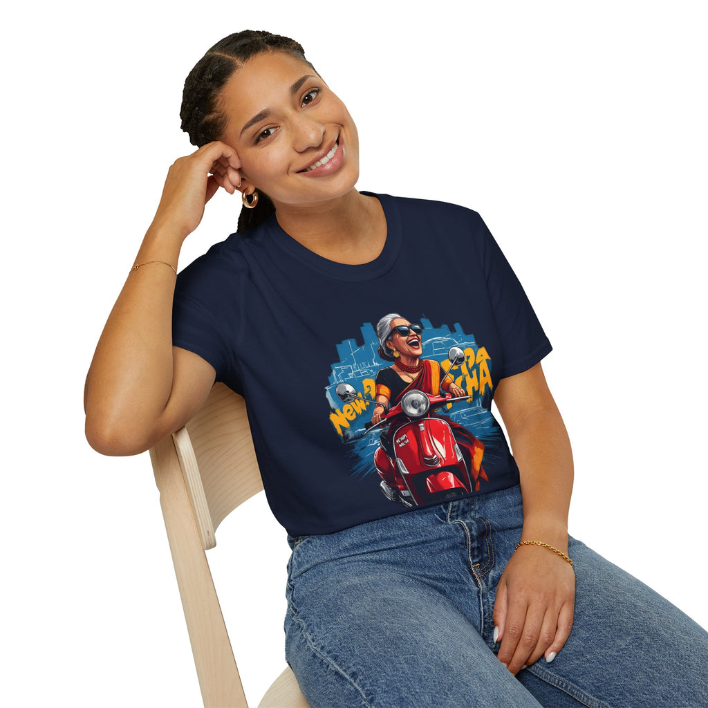 Newa Maicha Riding Scooter T-Shirt – Newari Woman in New York Graphic Tee, Cultural & Urban Design