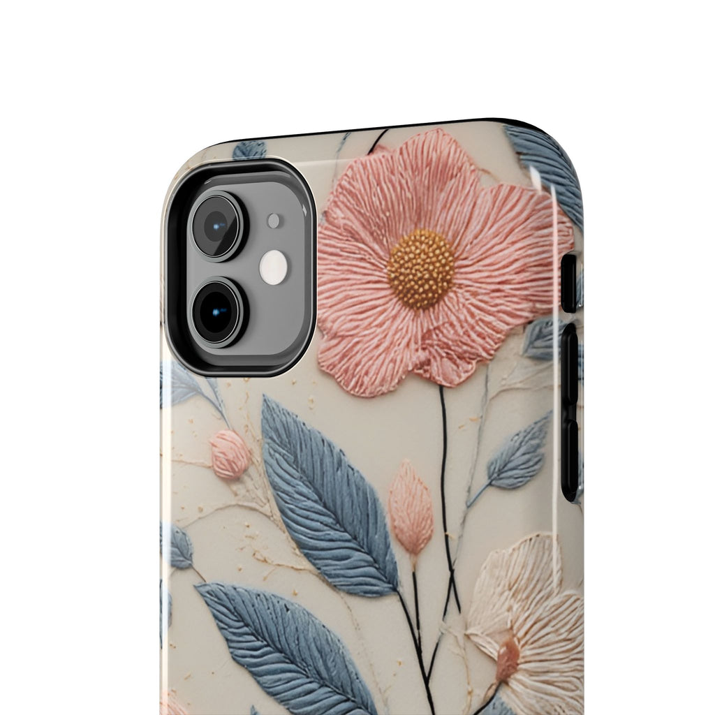 Floral Embroidered Tough Phone Case — Pink Blossom Protective Phone Cover