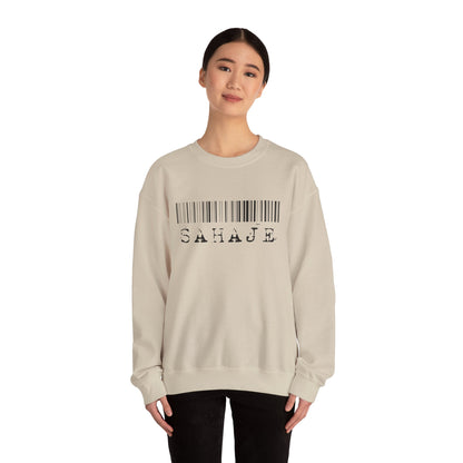 Sahaje Barcode Crewneck Sweatshirt — Minimalist White Graphic Pullover