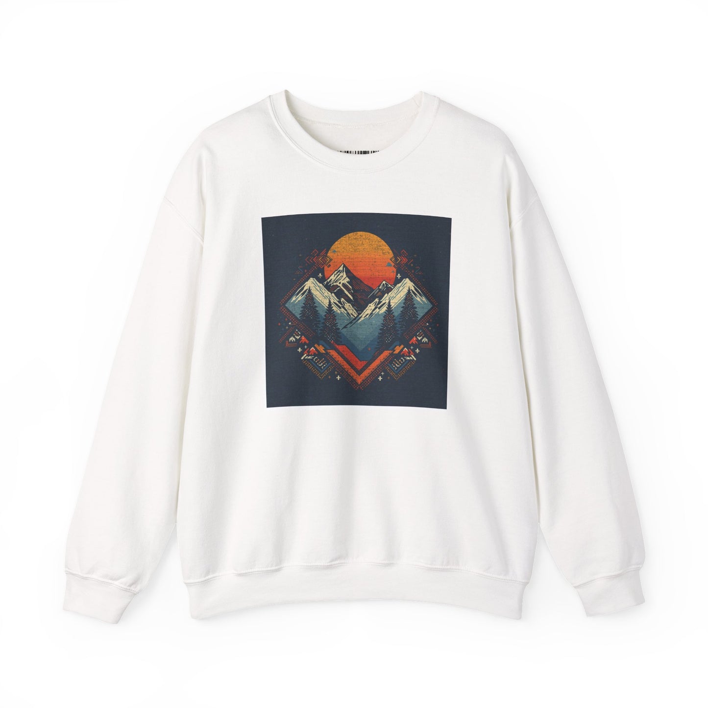 Mountain Sunset Crewneck Sweatshirt — Retro Geometric Peaks Graphic