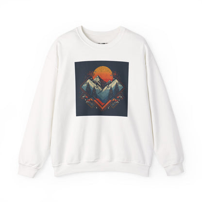 Mountain Sunset Crewneck Sweatshirt — Retro Geometric Peaks Graphic